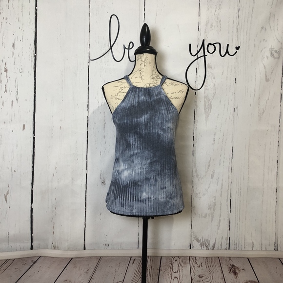 Tops - Blue Gray High Neck Back Tie, Tie Dye Top